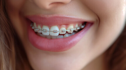 Fototapeta premium Close-Up Of Natural Lips Smiling With Shiny Metal Braces And Gleaming White Teeth