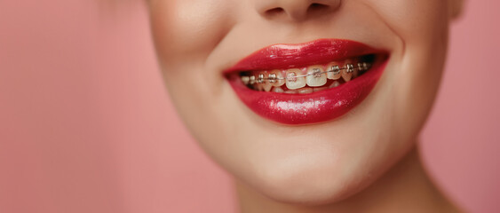 Fototapeta premium Close-Up Of Bright Red Lips Smiling With Shiny Metal Braces And White Teeth