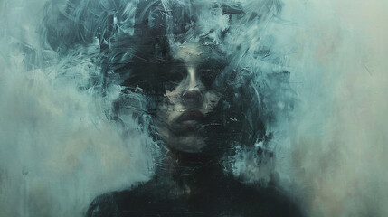 double exposure woman portrait with other elements dark grunge for concept depression, worries, grief