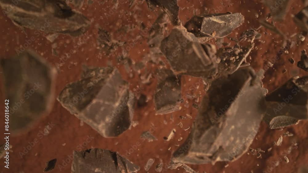 Poster super slow motion of falling group of chocolate pieces. falling down into cocoa powder. filmed on hi