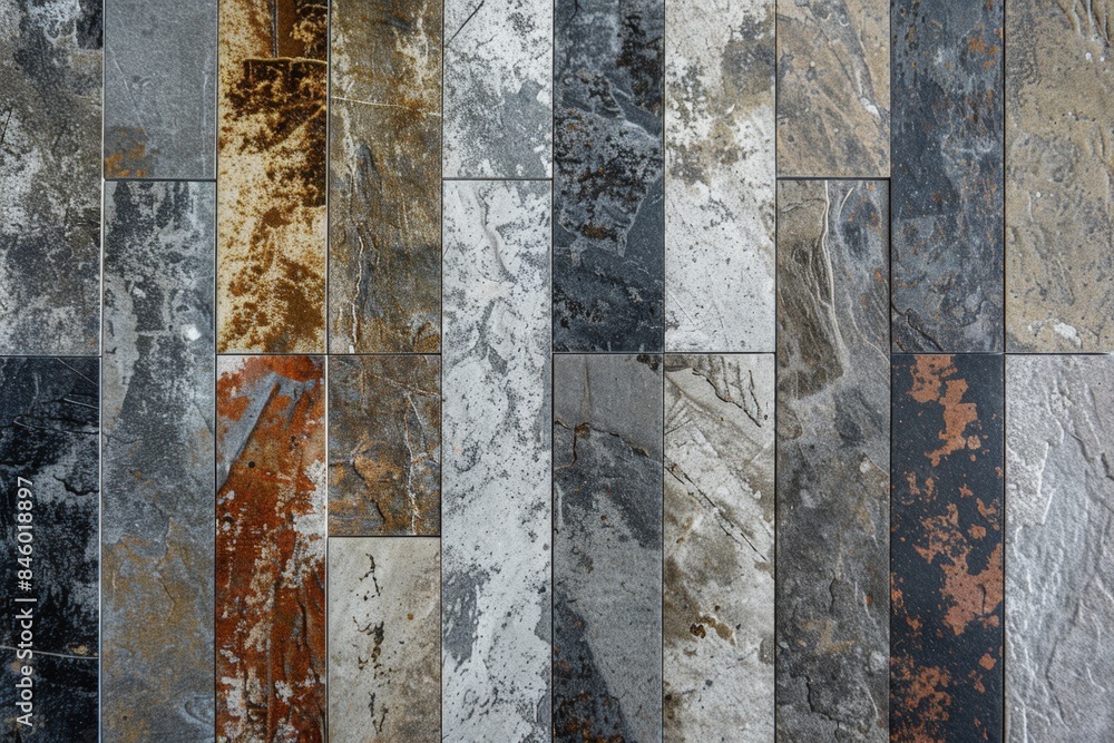 Poster Wall cladding made of rectangular decorative stone tiles showing a variety of colors and textures, creating a modern and stylish look