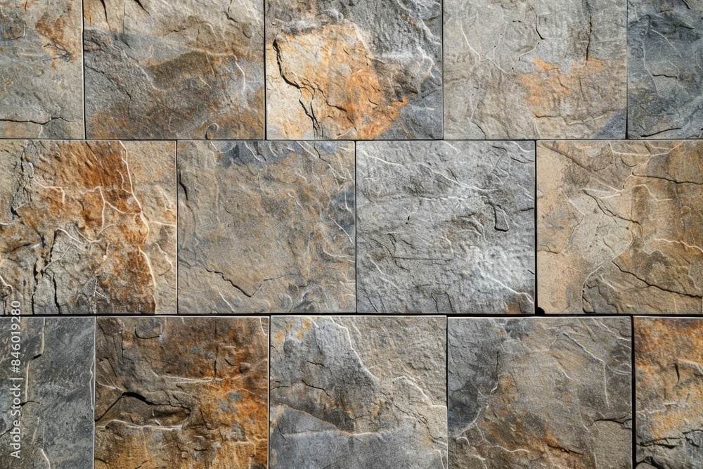 Poster decorative stone cladding with rough texture in brown and gray tones for backgrounds and overlays, e