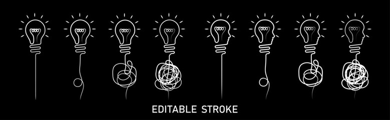 Continous draw head shape lightbulb set with cable knot on black background. Problem solving, complex business process resolving concept vector with lightbulb, face shape bulb, wire. 
