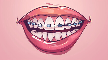 Naklejka premium Illustration Of Cartoon Smile Showing Blue Braces On White Teeth And Pink Lips