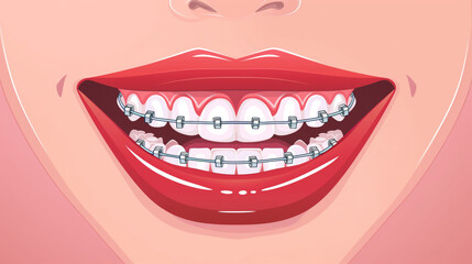 Fototapeta premium Illustration Of Cartoon Red Lips Showing Braces On Upper And Lower White Teeth