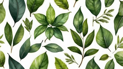 Pattern of green leaves on white background