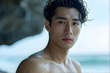 A man with short hair and a beard is standing on a beach