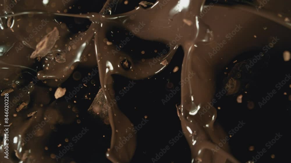 Aufkleber super slow motion of falling group of chocolate chunks. moving down and splashing into melted chocol