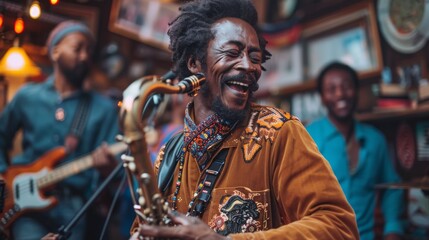 A vibrant image of a joyful musician playing a guitar with a band in the background, radiating musical passion