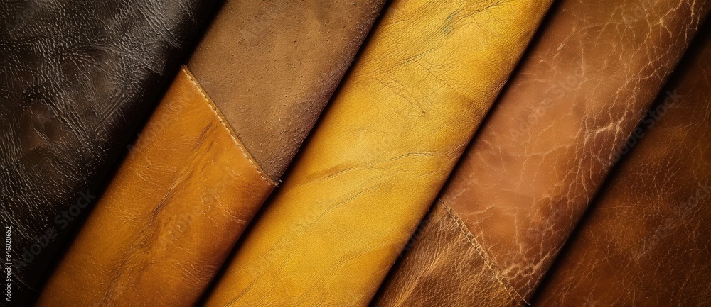 Poster Different pieces of leather are overlapping creating a background of textures and colors. This high-quality leather is perfect for use by a craftsman working on a project