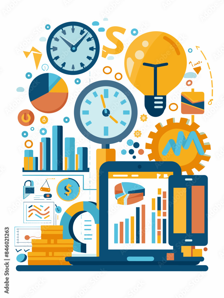 Fototapete a colorful image of a laptop with a clock and a light bulb on it. the image is titled 