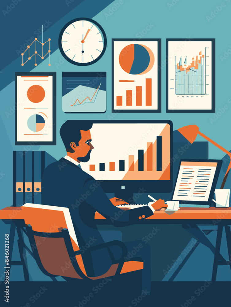 Poster a man is sitting at a desk with a computer and a clock on the wall. he is writing on a piece of pape
