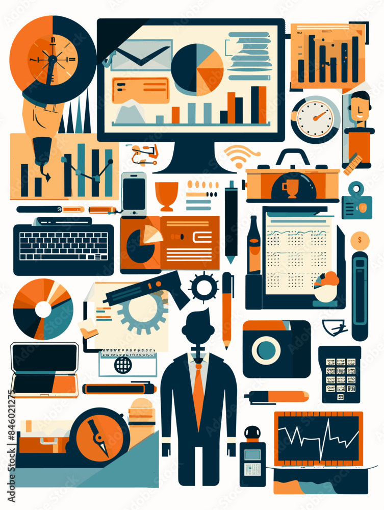 Fototapete a colorful image of a man in a suit with a briefcase and a computer monitor. the image is titled 