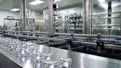 Fototapeta premium Medical bottles on production line at pharmaceutical factory, pharmaceutical machine working, pharmaceutical glass bottles on production line. Medicine bottles on assembly line for filling.