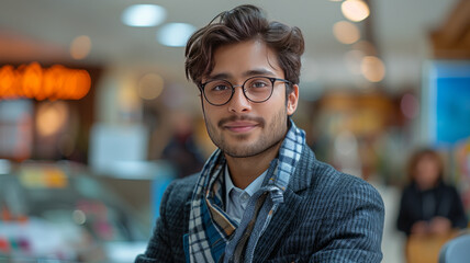 Fototapeta premium attractive indian bank agent in a suit, sitting and talking in an office to some clients in a bank,generative ai