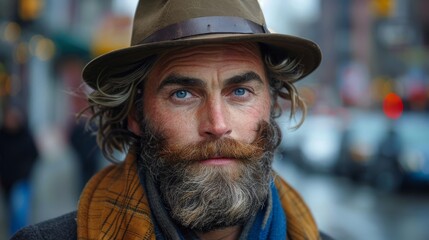 A rugged bearded man with a hat and piercing gaze has a thoughtful, deep expression in a city setting