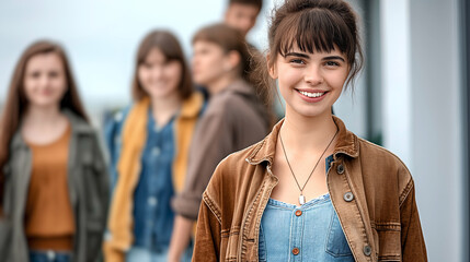 A cheerful young woman in a denim jacket stands in focus, with a group of friends gathered out of focus behind her, suggesting a social gathering or casual meetup - Generative AI