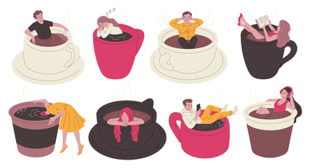 Relaxed leisure activities in coffee cups vector set