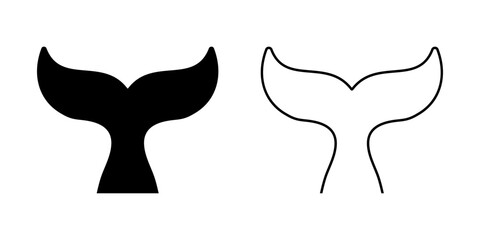 Obraz premium Whale tail icons. Black and white cetacean animal fin silhouettes. Dolphin, orca, beluga or another marine mammal symbol. Sea or ocean theme emblem. Vector graphic illustration.