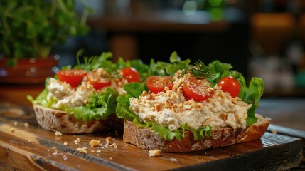 Cream cheese spread on sourdough bread topped with lettuce cherry tomatoes and hazelnut crumbs on a wooden board