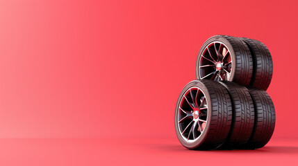 stack of car tires showcased against a vibrant red background for automotive advertising, with copy space for text