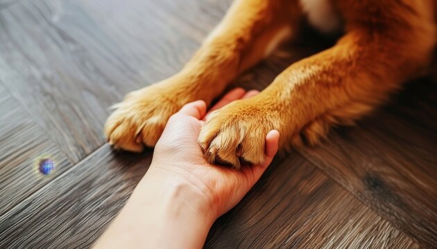Bond of love  human hand and dog paw touch in gesture of friendship and affection