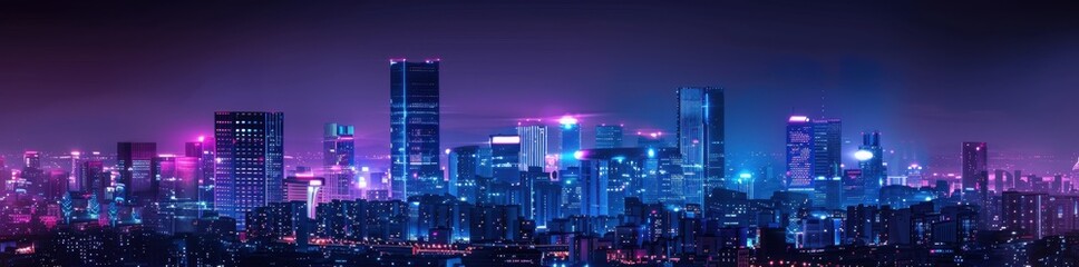 80s style city skyline at night with neon lights, cyberpunk theme, purple and blue color scheme, futuristic skyscrapers, detailed architecture Generative AI