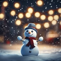 Happy Snowman in the Winter Night