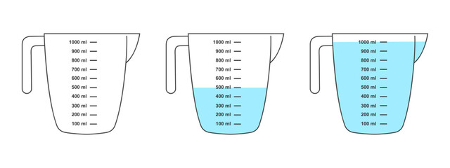 Set of empty and water filled measuring cups with 1 liter volume. Liquid containers for cooking with fluid capacity scale isolated on white background. Vector flat illustration.