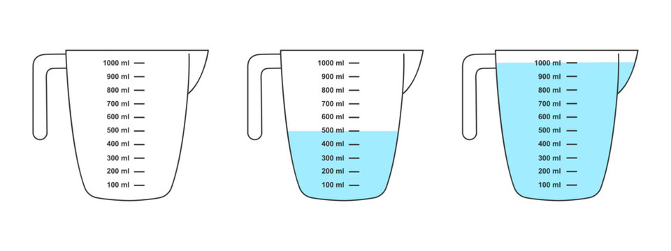 Set of empty and water filled measuring cups with 1 liter volume. Liquid containers for cooking with fluid capacity scale isolated on white background. Vector flat illustration.