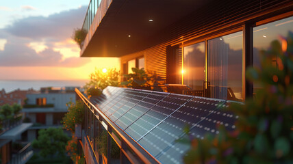 Naklejka premium Modern balcony with pristine solar panels mounted on the railing, bathed in sunlight.generative ai