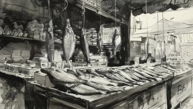 A bustling fish market stall filled with an assortment of fresh seafood, including hanging fish and rowed fish on display. The monochrome setting suggests an early morning scene in an urban location.