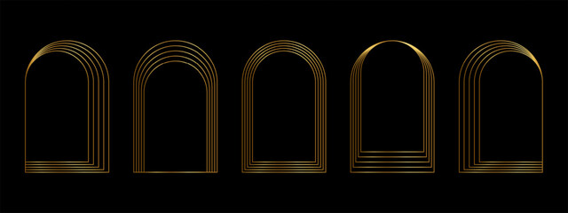 Set of gold concentric arch frames isolated on dark background. Golden arc shapes in trendy boho style. Shining window, door or portal silhouettes in archway form. Vector illustration.