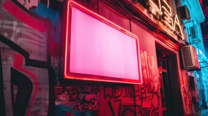 Obraz premium A neon sign is lit up against a wall of graffiti