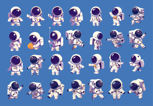 Cartoon cute astronaut character set. Space man cosmonaut in spacesuit, spaceman poses float wave point run dance and jump vector illustration