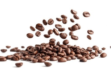 Fototapeta premium coffee beans falling isolated on white background in studio photo