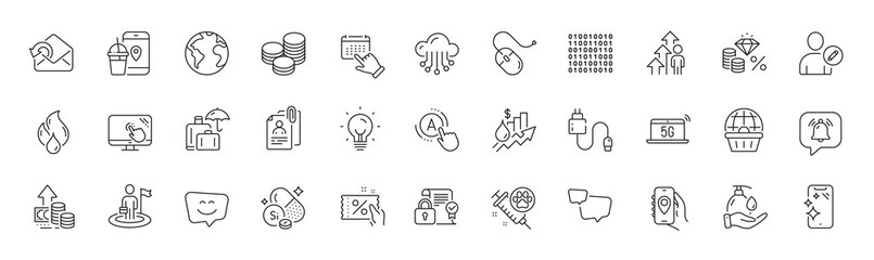 Fototapeta premium Flammable fuel, Discount coupon and Location app line icons. Pack of Ab testing, Dog vaccination, Employee result icon. Notification bubble, Silicon mineral, Rise price pictogram. Line icons. Vector