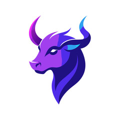 A mascot logo featuring a modern bull with a sleek, gradient design. The bull's body transitions smoothly from a bright blue to a deep purple