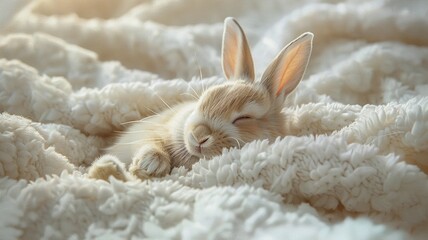Close-up of an adorable brown rabbit sleeping in a cozy fur blanket, highlighting comfort and cuteness.