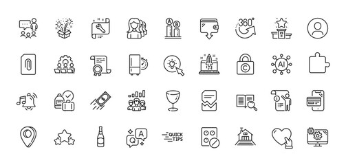 Volunteer, People chatting and Education line icons pack. AI, Question and Answer, Map pin icons. 360 degrees, Attachment, Teamwork web icon. Vector
