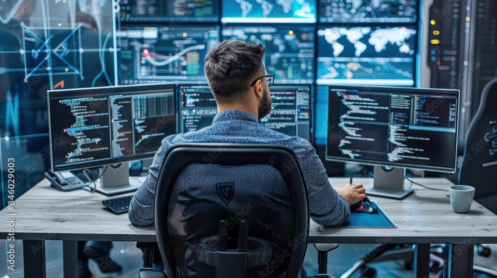 Poster a man software engineer is sitting at a desk computer working