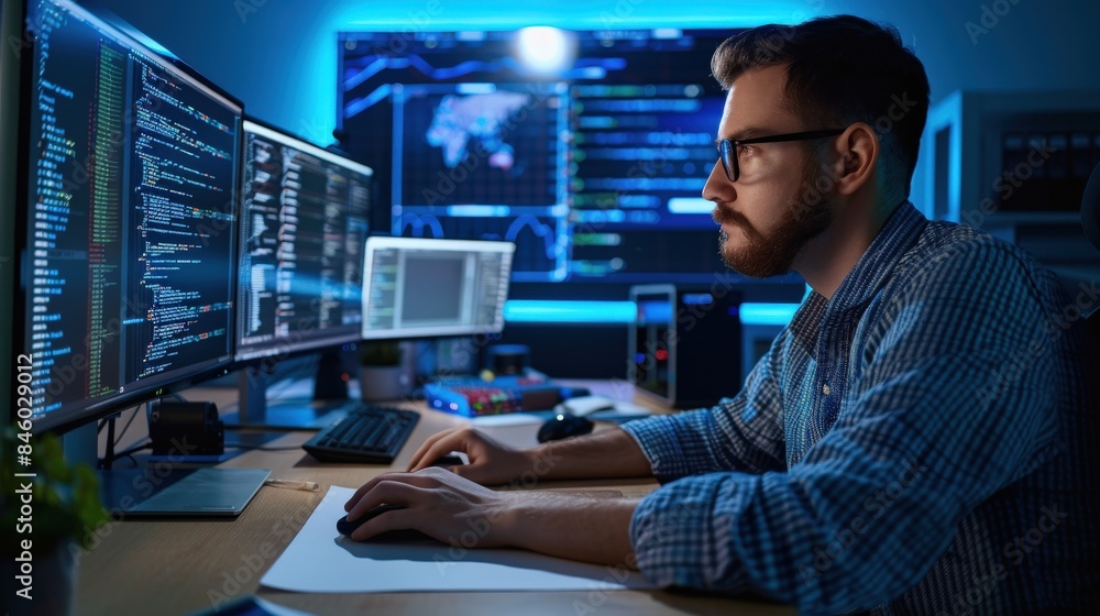 Poster a man software engineer is sitting at a desk computer working