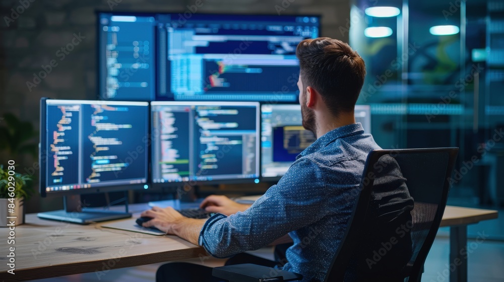 Poster a man software engineer is sitting at a desk computer working