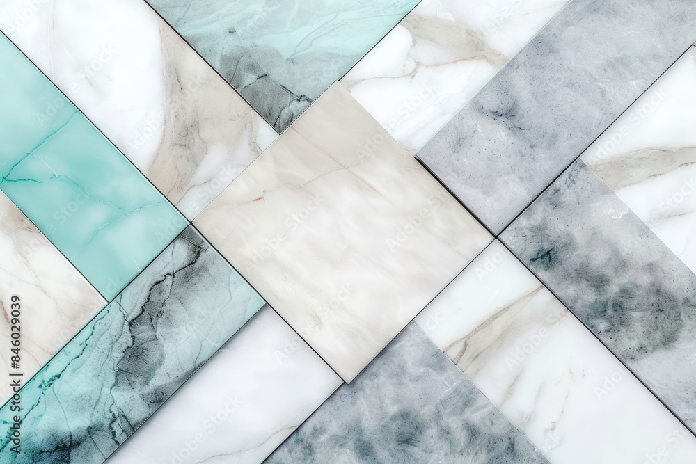 Poster geometric pattern is being formed by marble and stone tiles in different colors, creating a sense of
