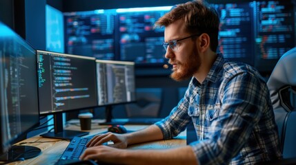 A man software engineer is sitting at a desk computer working