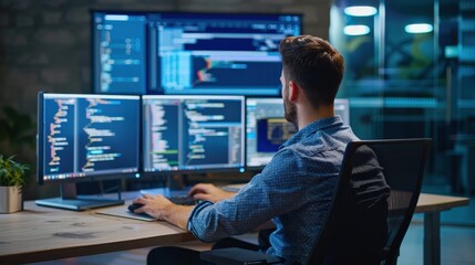 A man software engineer is sitting at a desk computer working
