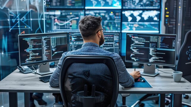 A man software engineer is sitting at a desk computer working