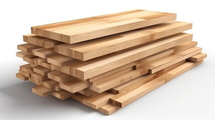 Close-up of a stack of fresh-cut wooden boards, ready for construction. The boards are neatly piled, showcasing their natural grain and texture. 