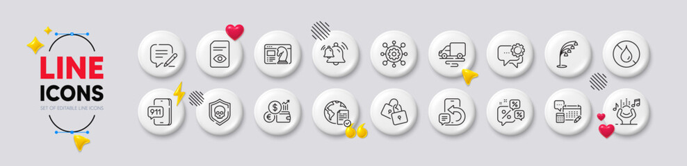 Locks, Discounts chat and Bell line icons. White buttons 3d icons. Pack of Currency rate, Online voting, Account icon. Phone message, Employees messenger, Emergency call pictogram. Vector