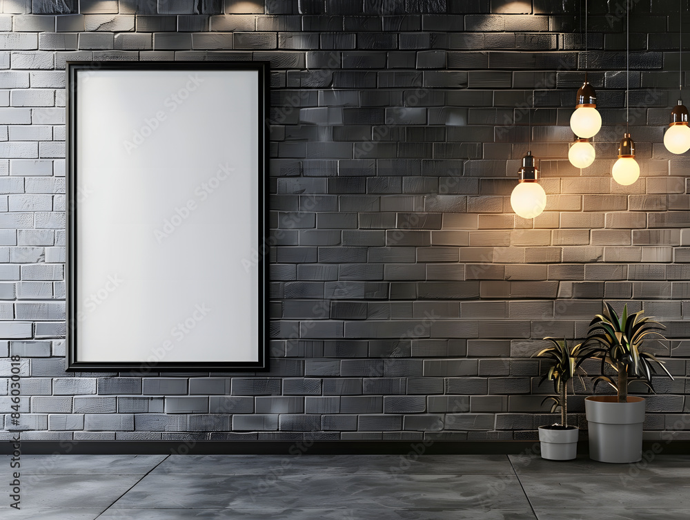 Wall mural White modern brick wall with a blank photo frame mockup